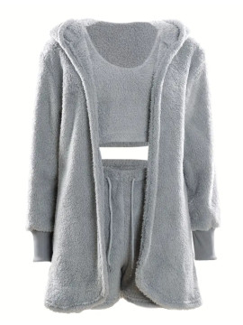 Ensemble pyjama 3pièces en fourrure doux  gris