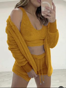 Ensemble pyjamas 3pieces en fourrure jaune moutarde