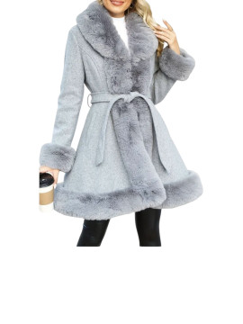 Veste menteau doublé avec ceinture et fourrure couleur gris