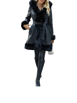 Veste menteau,cuir avec fourrure et ceinture