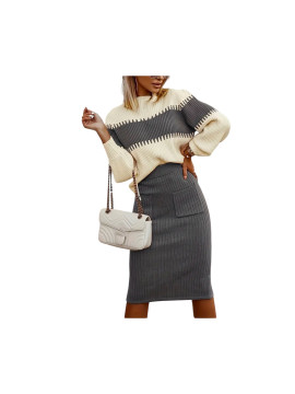 Ensemble décontracté pull en tricot couleur gris blanc