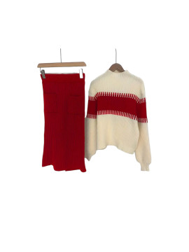Ensemble décontracté pull en tricot couleur rouge blanc