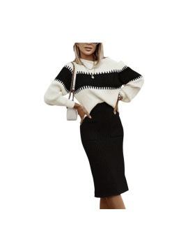 Ensemble décontracté pull en tricot  couleur noir blanc