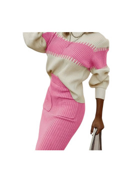 Ensemble décontracté pull en tricot couleur rose blanc