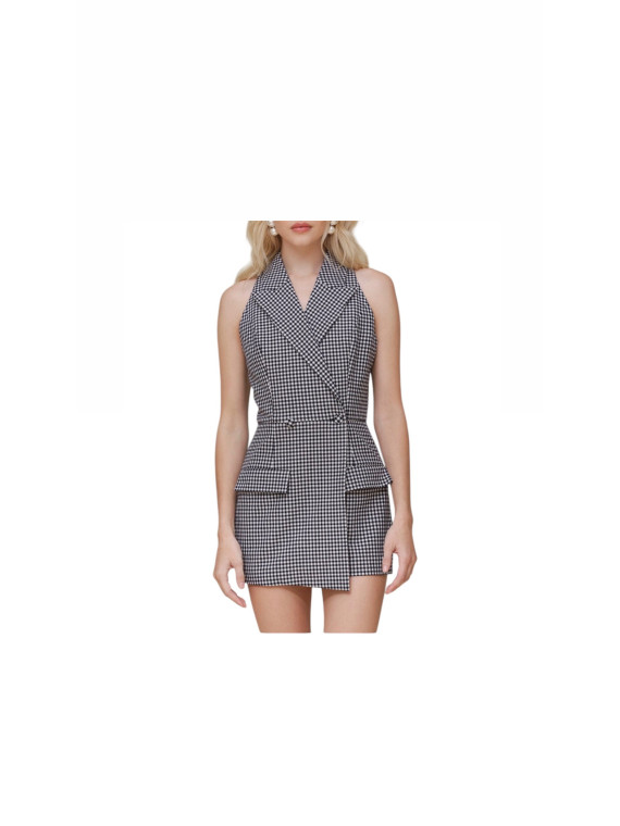 Ensemble Combi-short  à col montant imprimé pied de poule noir blanc
