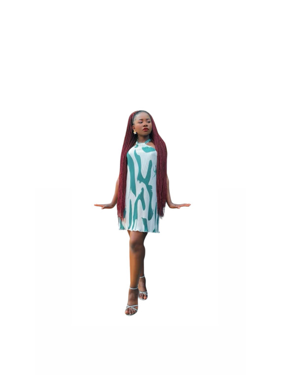 Robe Courte à Manches Lanternes Imprimée blanc ,vert