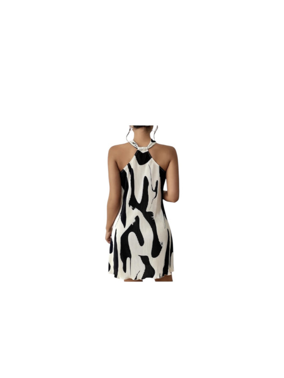 Robe Courte à Manches Lanternes Imprimée Blanc Noir
