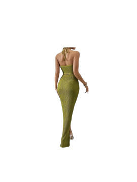 Ensemble deux pièces jupe longue élégante haut dos nu vert