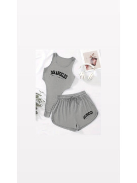 Ensemble Pièces couleur gris Imprimé Los Angeles, Body Décolleté Sans Manches et Short