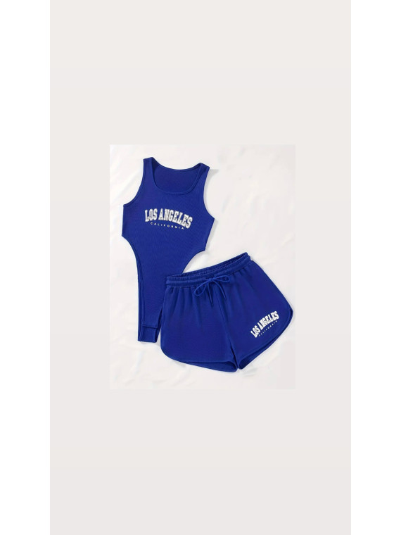 Ensemble 2Pièces  couleurs bleu Imprimé Los Angeles, Body Décolleté Sans Manches et Short