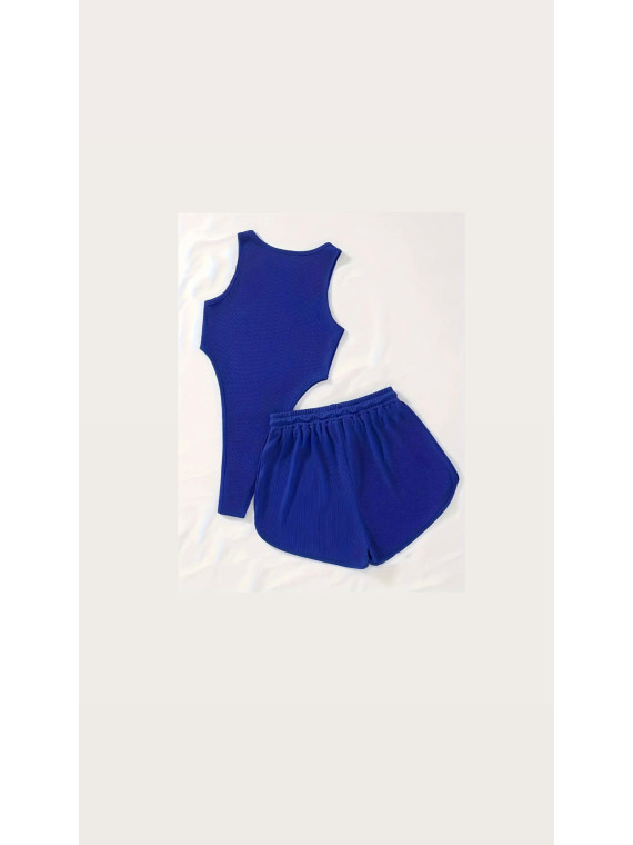 Ensemble 2Pièces  couleurs bleu Imprimé Los Angeles, Body Décolleté Sans Manches et Short
