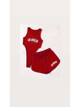 Ensemble 2Pièces  couleur rouge Imprimé Los Angeles, Body Décolleté Sans Manches et Short