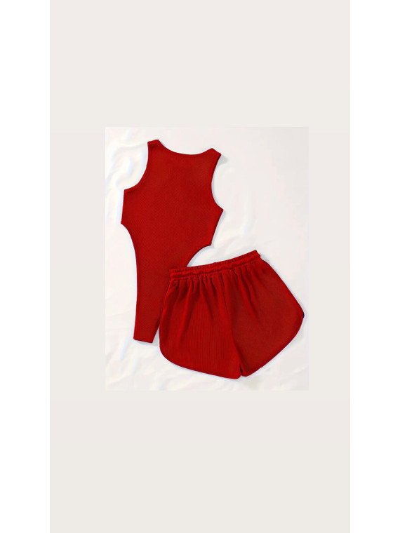 Ensemble 2Pièces  couleur rouge Imprimé Los Angeles, Body Décolleté Sans Manches et Short