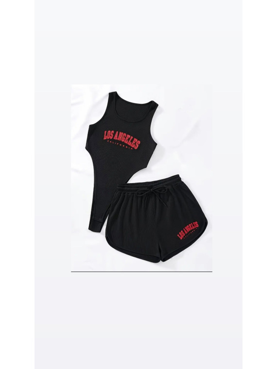 Ensemble 2Pièces couleur noir Imprimé Los Angeles, Body Décolleté Sans Manches et Short
