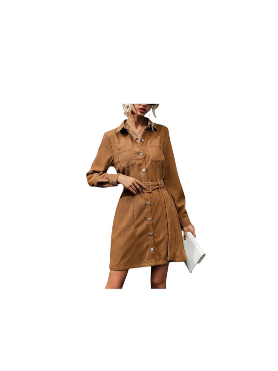 Robe jeans boutonné avec ceinture couleur marron