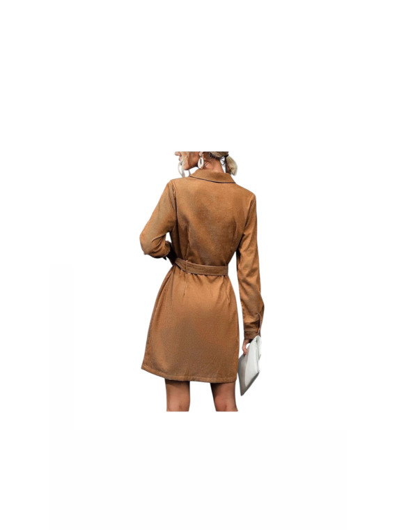 Robe jeans boutonné avec ceinture couleur marron