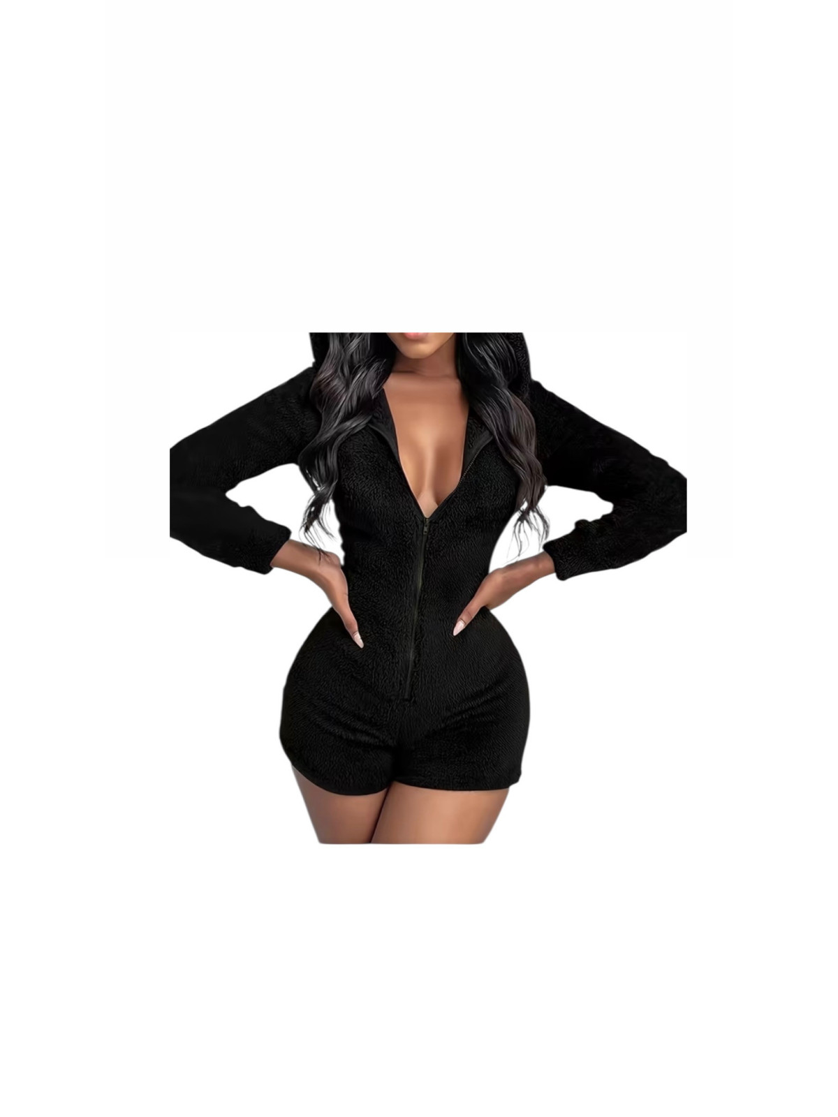 Pyjama combi a velours noir  à capuche