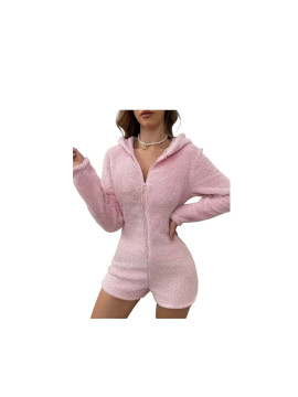 Pyjama combi a velours rose à capuche