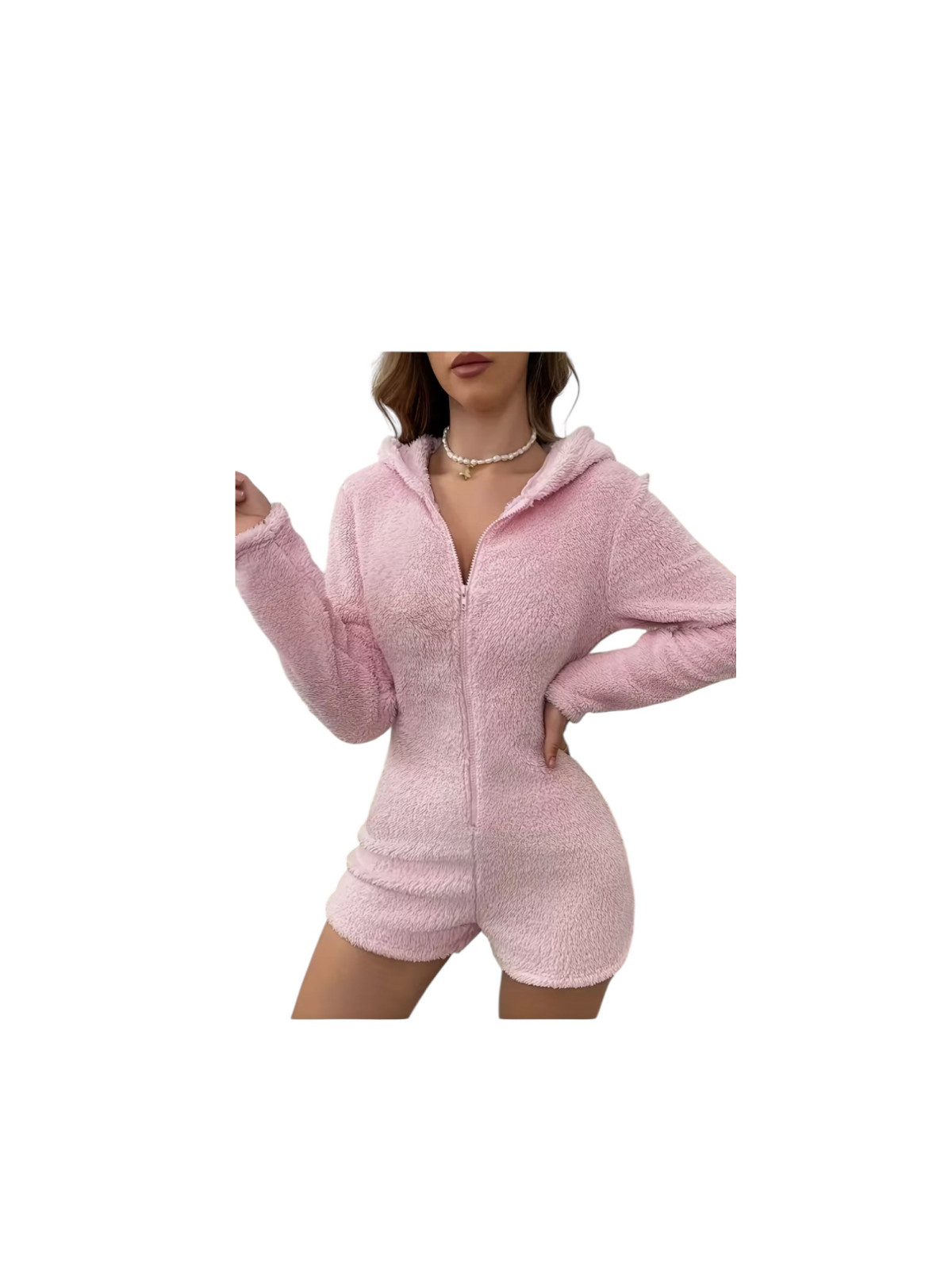 Pyjama combi a velours rose à capuche