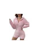 Pyjama combi a velours rose à capuche