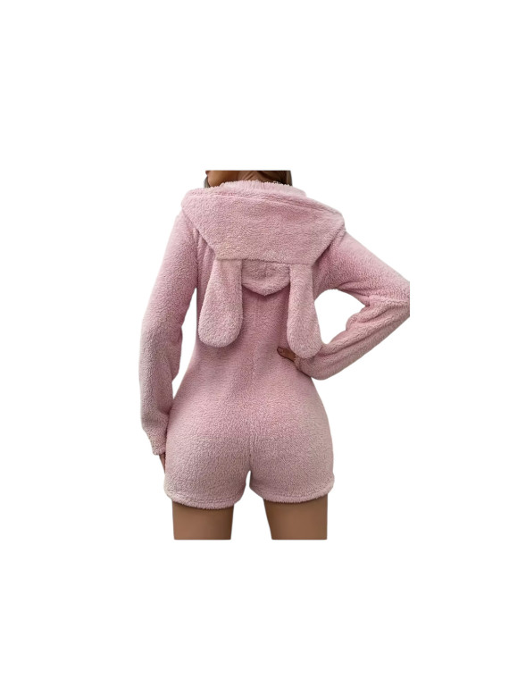 Pyjama combi a velours rose à capuche