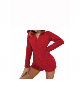 Pyjama combi a velours rouge à capuche