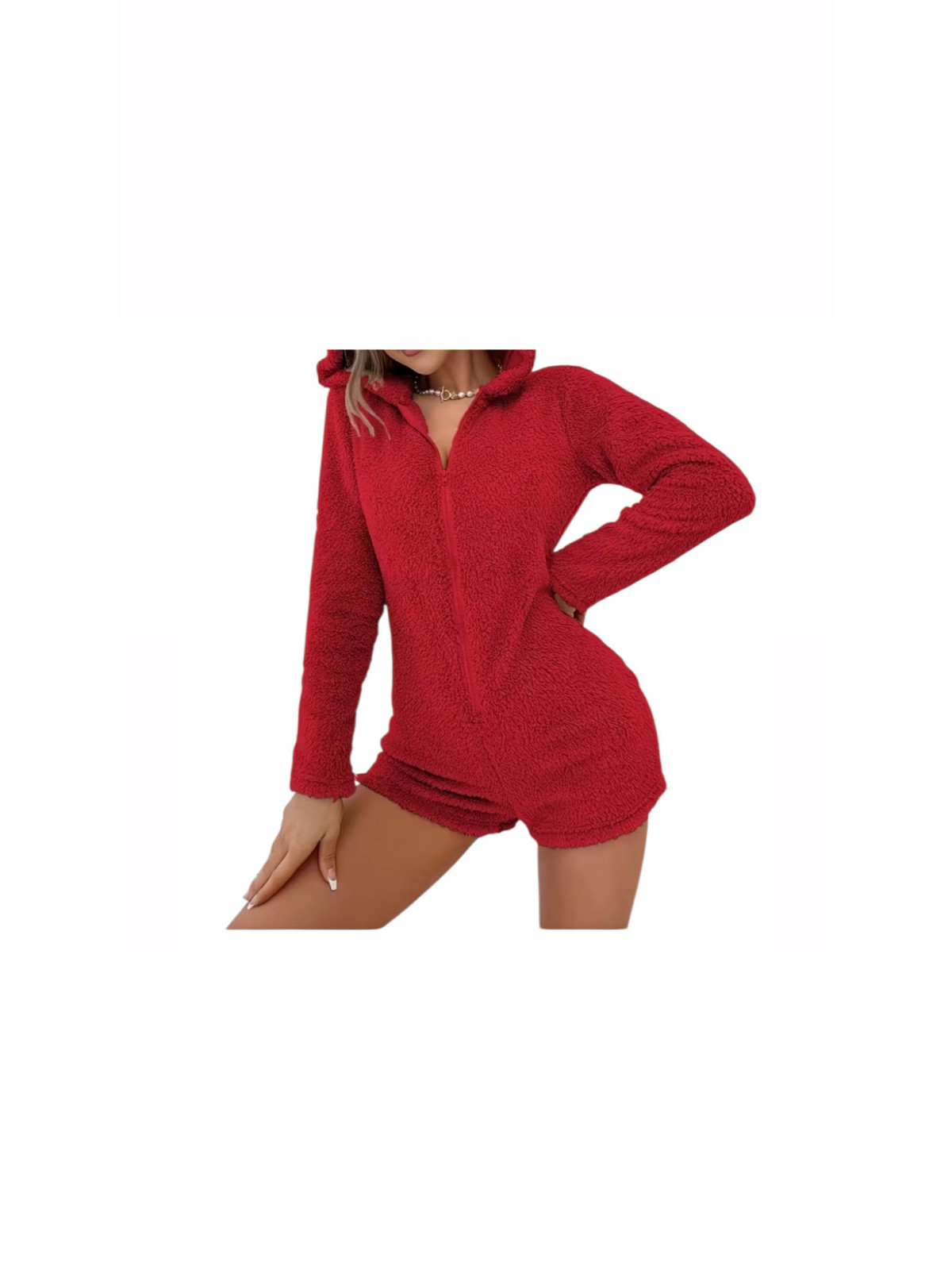 Pyjama combi a velours rouge à capuche