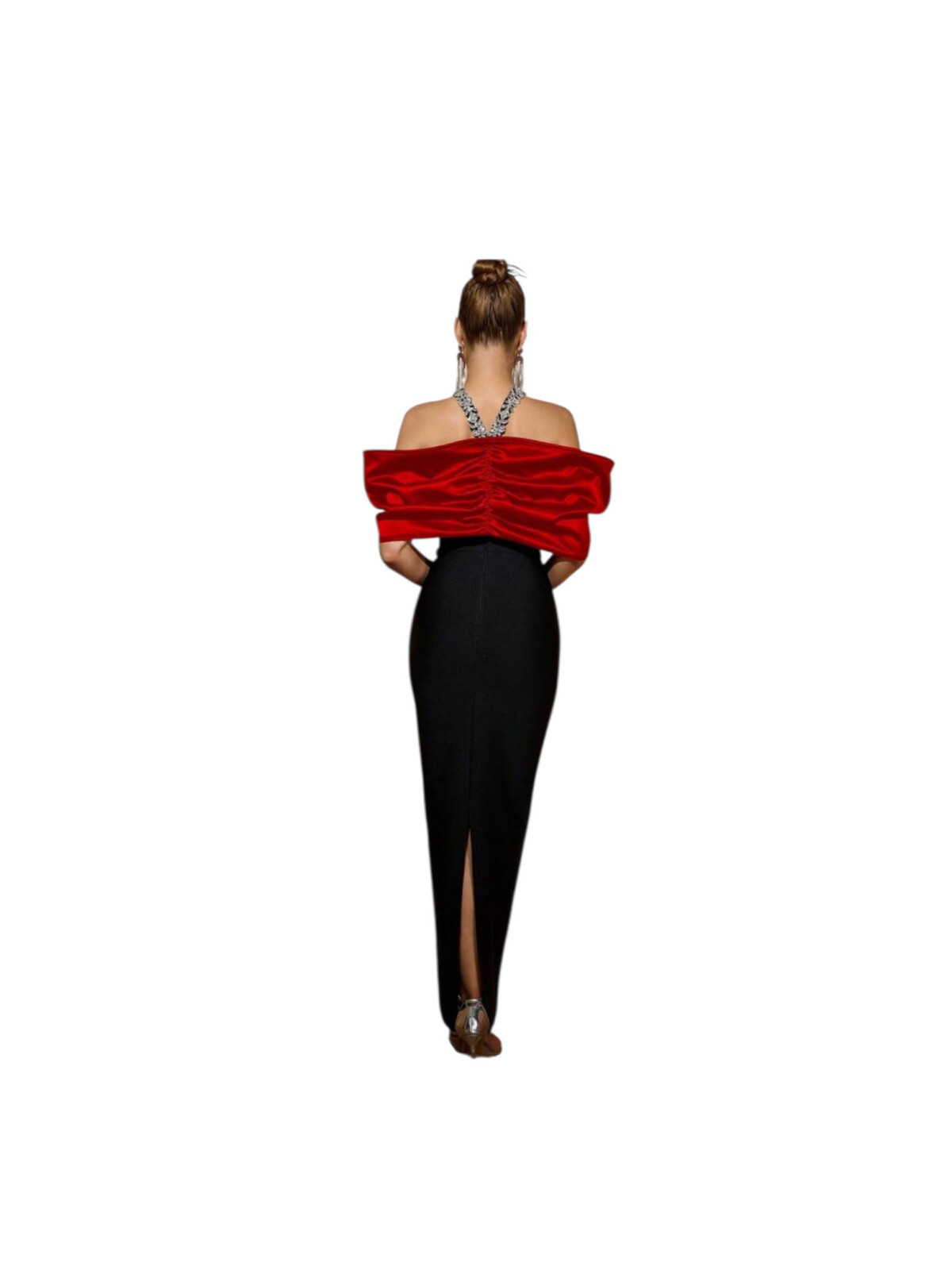 Robe de soirée fendue avec col montant couleur rouge noir