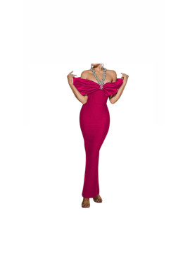 Robe de soirée fendue avec col montant couleur rose