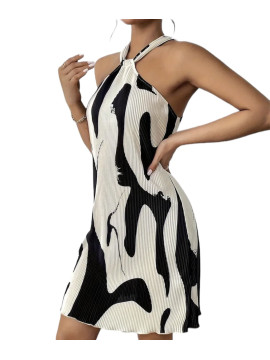 Robe Courte à Manches Lanternes Imprimée Beige Noir