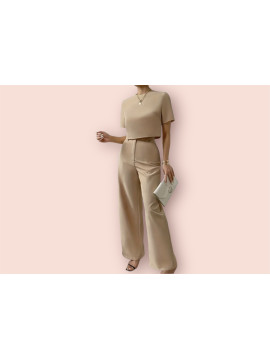 Ensemble Élégant Pantalons Taille Haute T-Shirt Court Ras Du cou