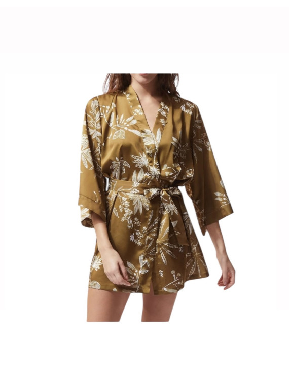 Kimono en satin à motifs fleuri couleur doré