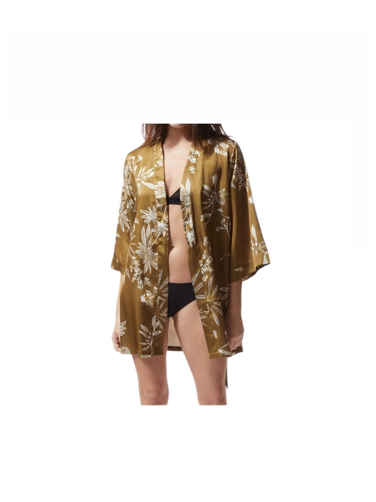 Kimono en satin à motifs fleuri couleur doré