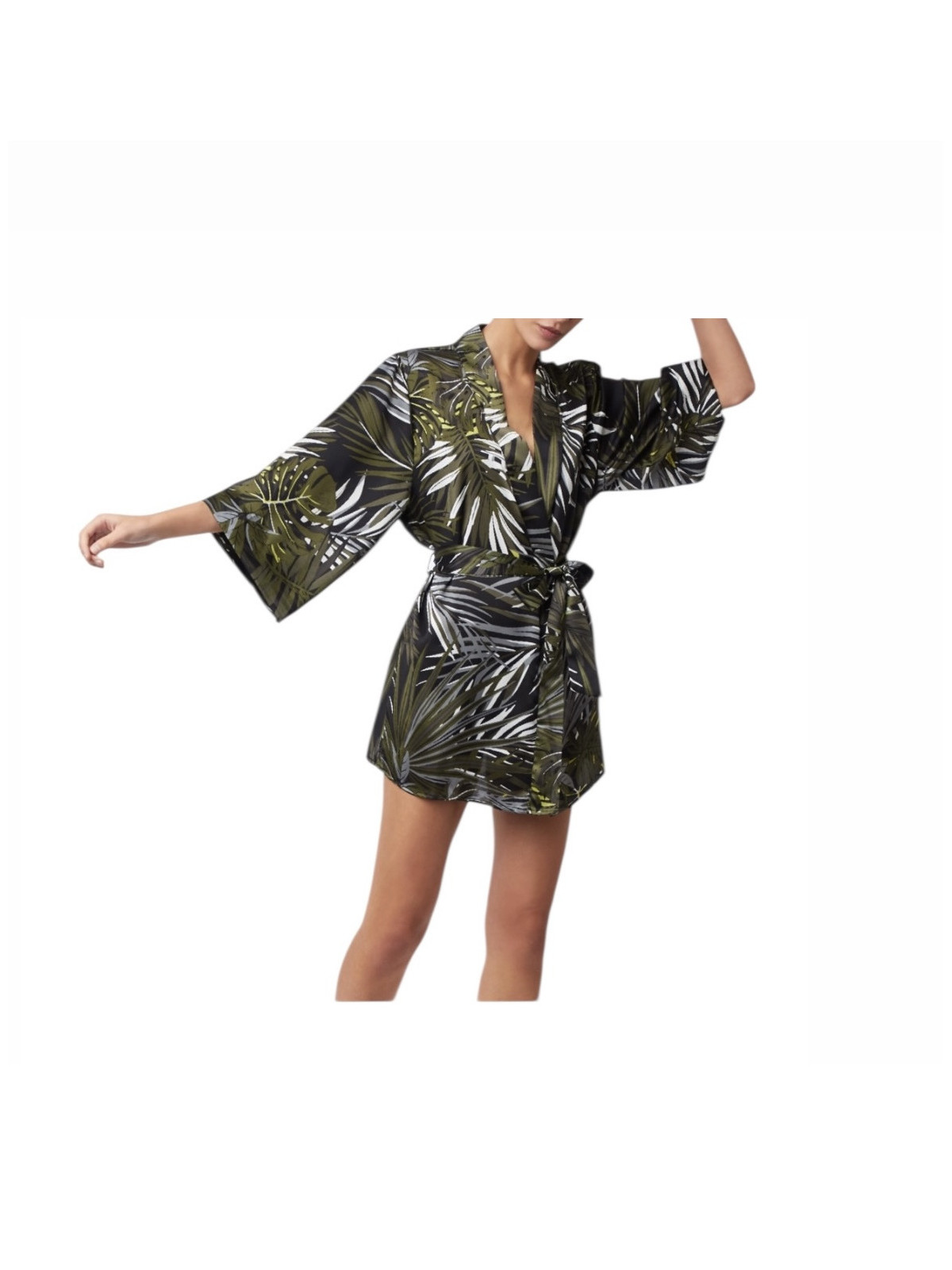 Kimono en satin à motifs feuilles