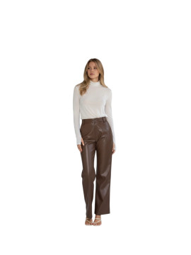Ensemble pantalon en cuir marron et haute transparente col roulé