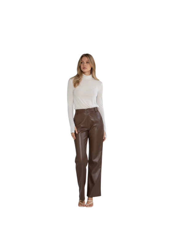 Ensemble pantalon en cuir marron et haute transparente col roulé
