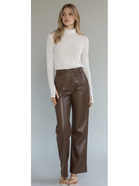 Ensemble pantalon en cuir marron et haute transparente col roulé