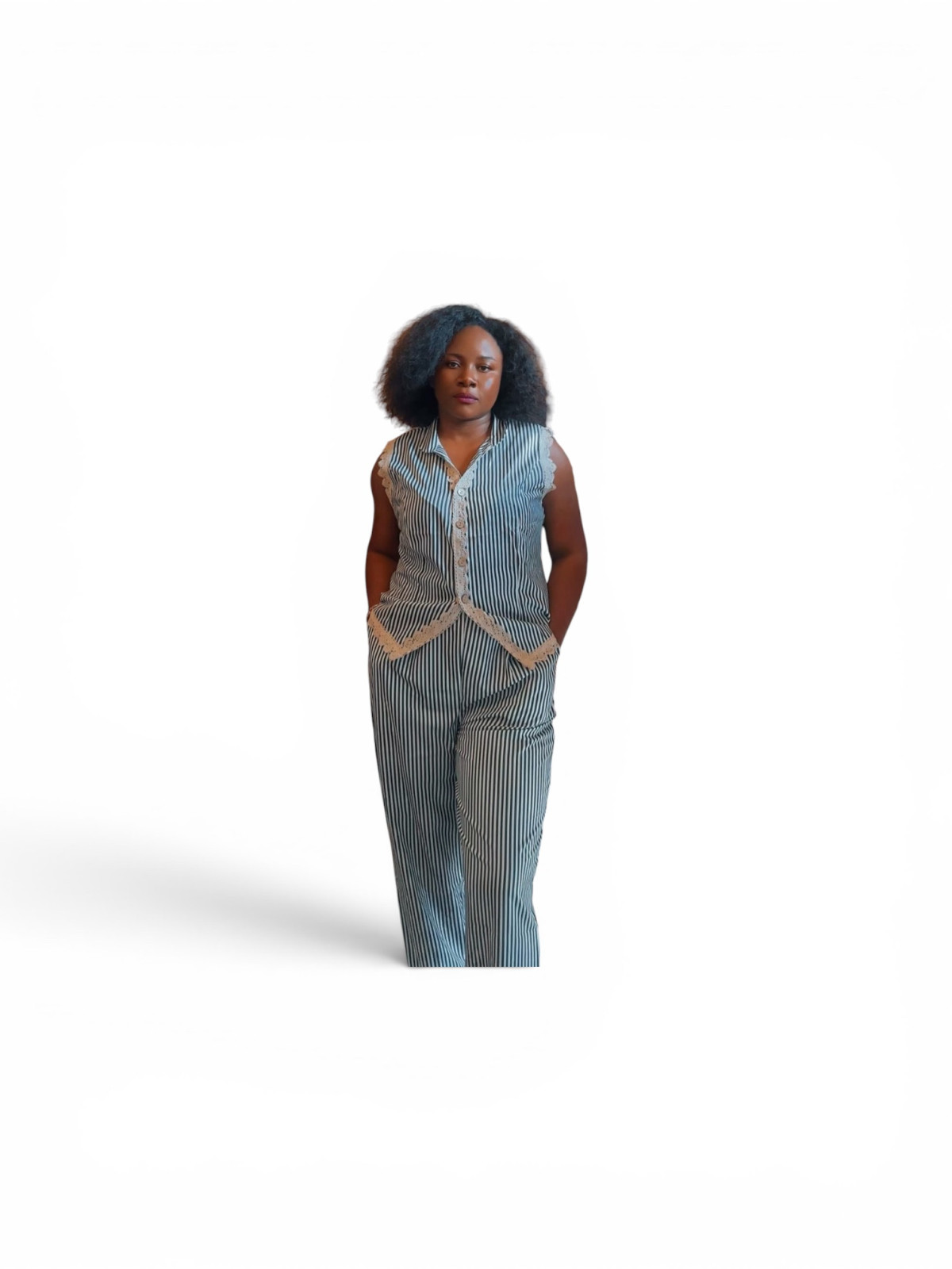Ensemble de pantalon pour femme printemps-été : gilet fin rayé élégant et tendance avec bordure en dentelle