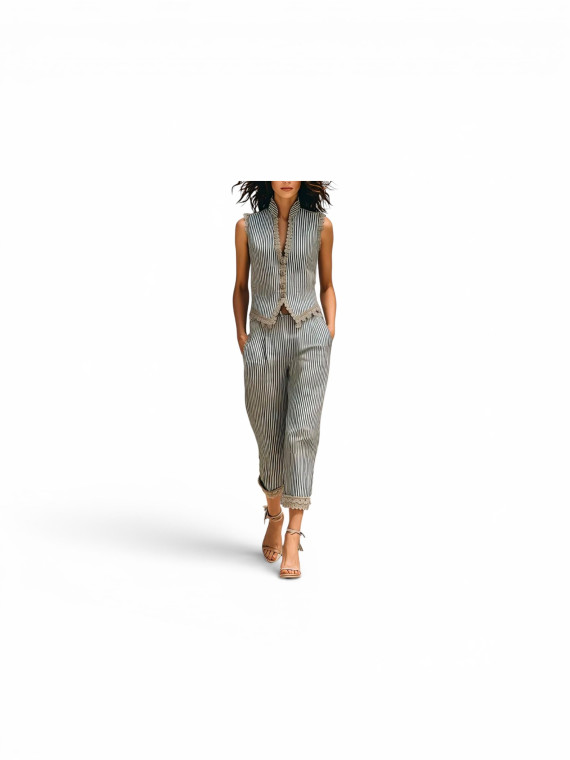 Ensemble de pantalon pour femme printemps-été : gilet fin rayé élégant et tendance avec bordure en dentelle