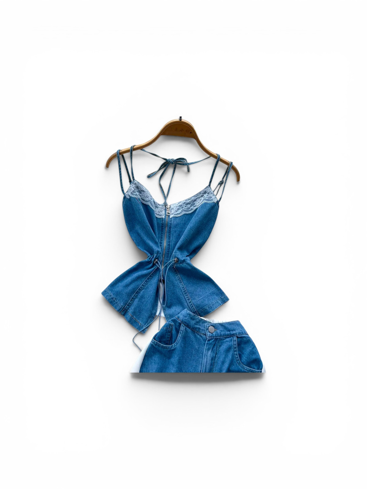Ensemble 2 pièces en jean pour femme : Débardeur à dentelle