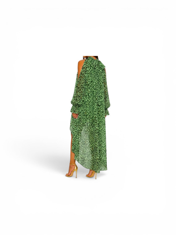 Robe longue en mousseline de soie à manches bouffantes Imprimer léopard