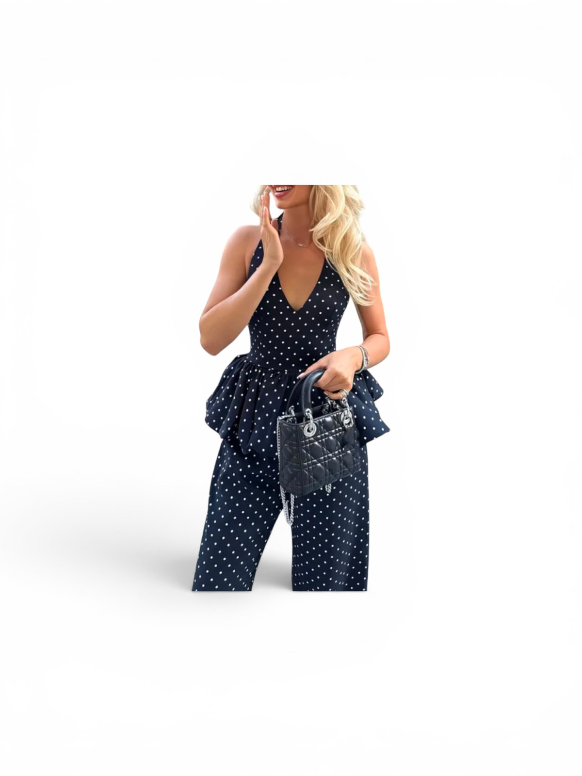 Ensemble Tendance: Haut Rétro Français à Carreaux et Col V, dos Nu Pantalon Large Sans Manches Amincissant la Taille