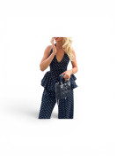 Ensemble Tendance: Haut Rétro Français à Carreaux et Col V, dos Nu Pantalon Large Sans Manches Amincissant la Taille