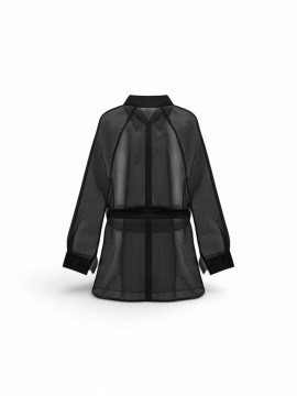 Ensemble 2 pièces chemisier élégant à manches longues, mi-long, boutonné et transparent en maille, avec short court à ceinture,