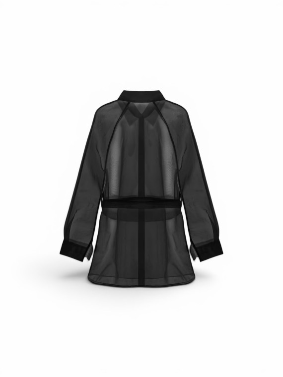 Ensemble 2 pièces chemisier élégant à manches longues, mi-long, boutonné et transparent en maille, avec short court à ceinture,