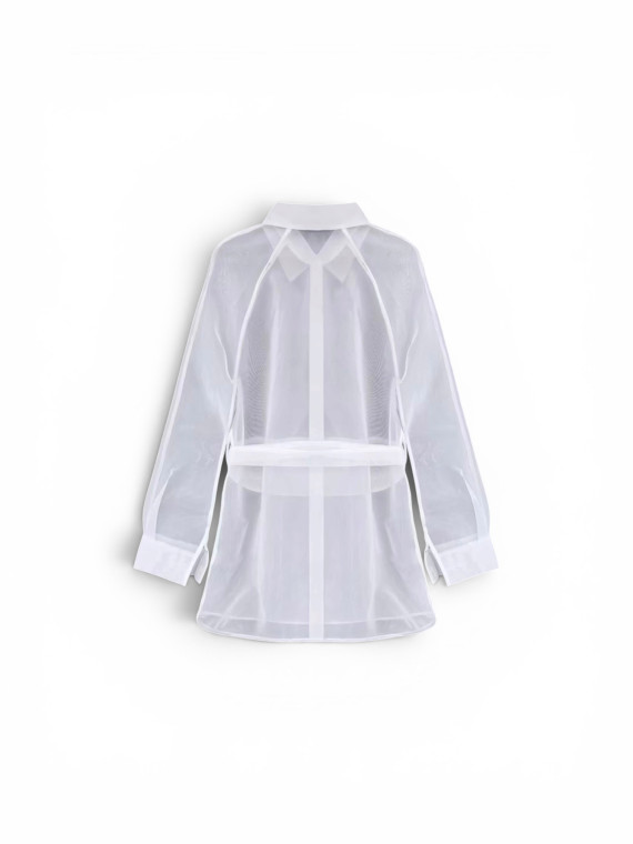 Ensemble 2 pièces chemisier élégant à manches longues, mi-long, boutonné et transparent en maille, avec short court à ceinture,