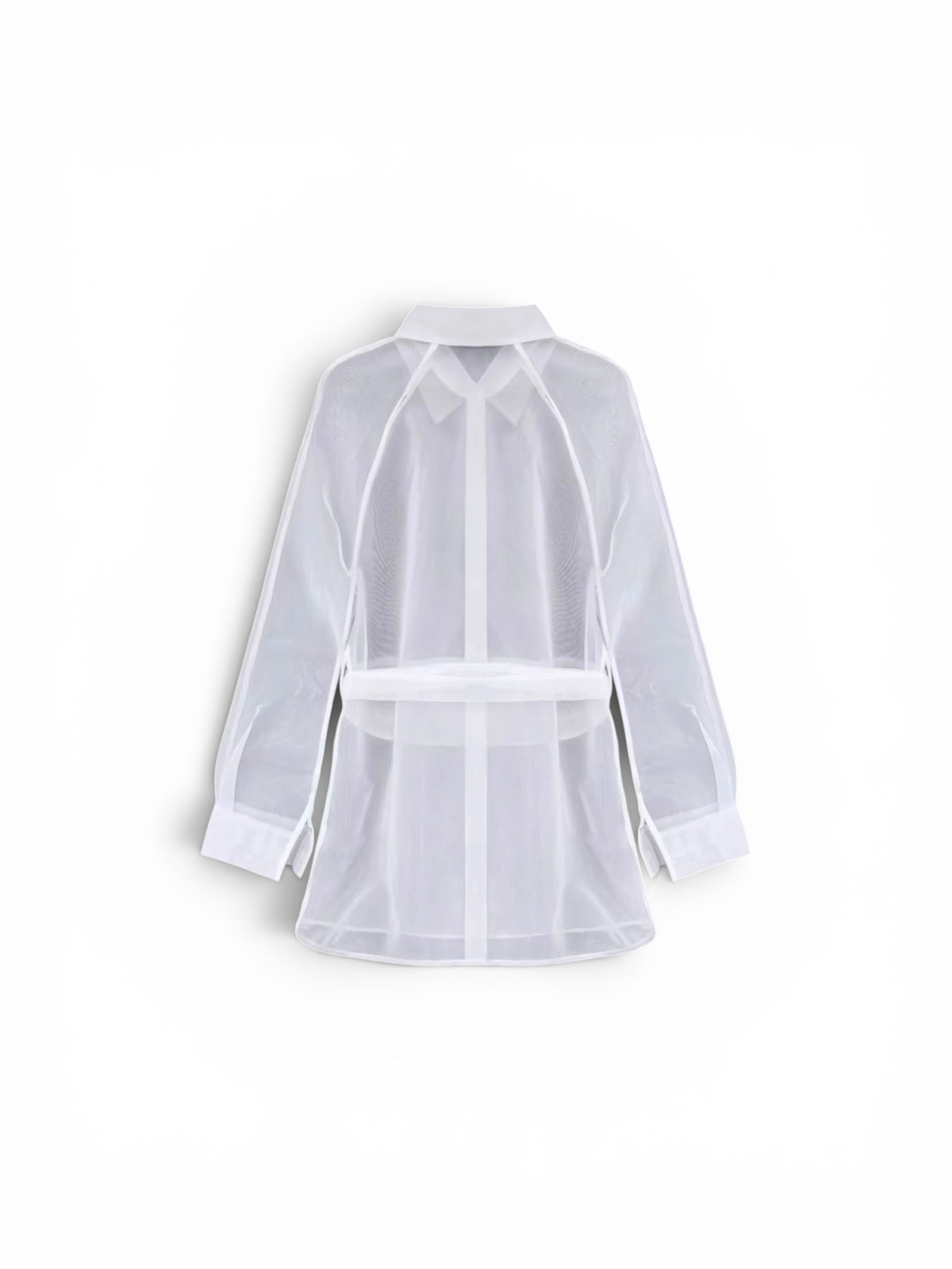 Ensemble 2 pièces chemisier élégant à manches longues, mi-long, boutonné et transparent en maille, avec short court à ceinture,