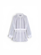 Ensemble 2 pièces chemisier élégant à manches longues, mi-long, boutonné et transparent en maille, avec short court à ceinture,