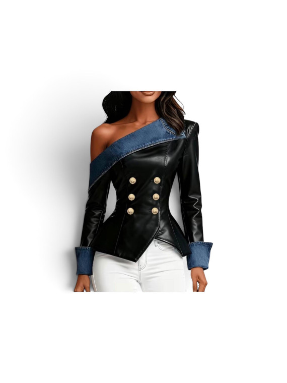 Haut en cuir avec un design élégant à une épaule en jean des fermetures double-bréchet et un ourlet asymétrique