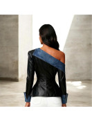 Haut en cuir avec un design élégant à une épaule en jean des fermetures double-bréchet et un ourlet asymétrique